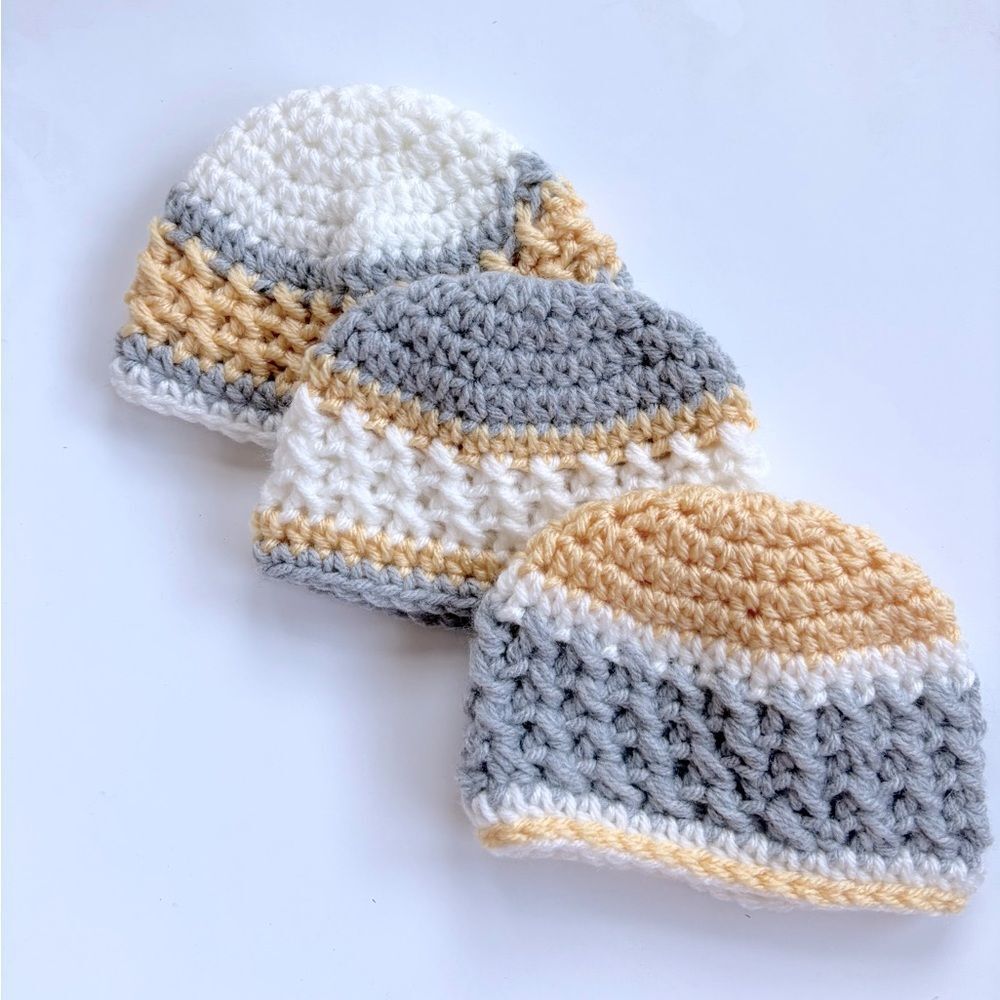 Set of 3 Crochet Baby Hats 0-3 Yellow Grey White